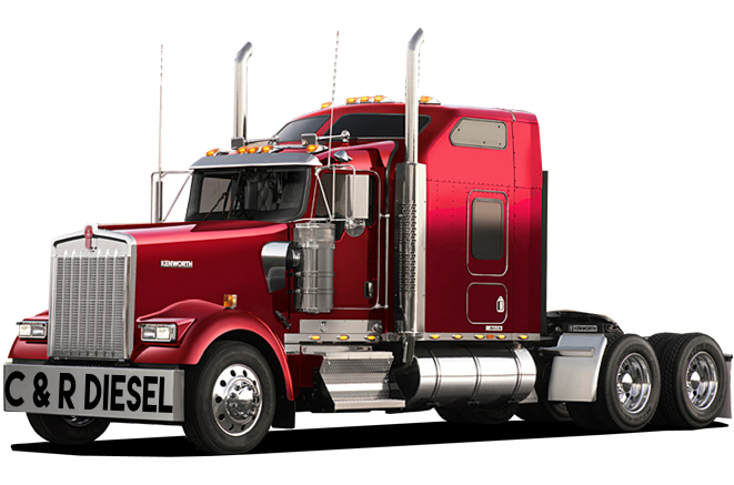 Red semi truck with C&R Diesel logo